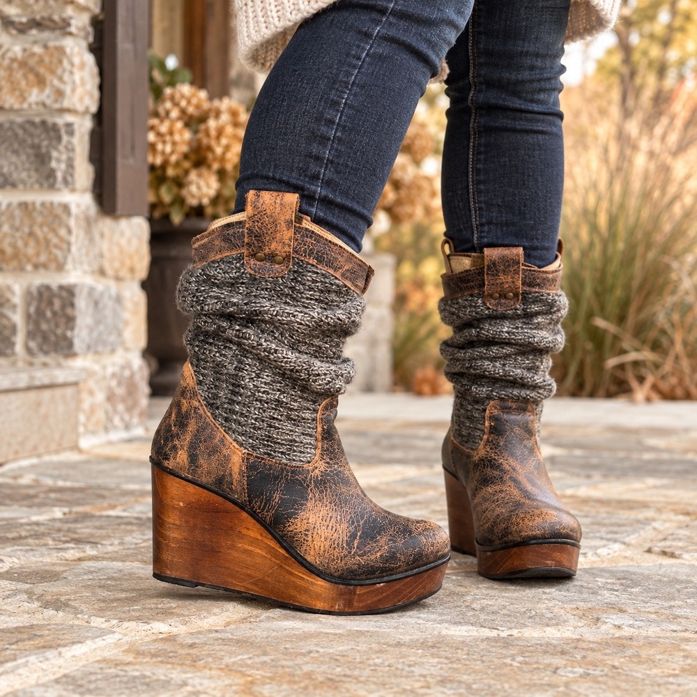 BED STU Bruges Leather Sweater Knit Wedge Boots 7.5 Brown Boho Western